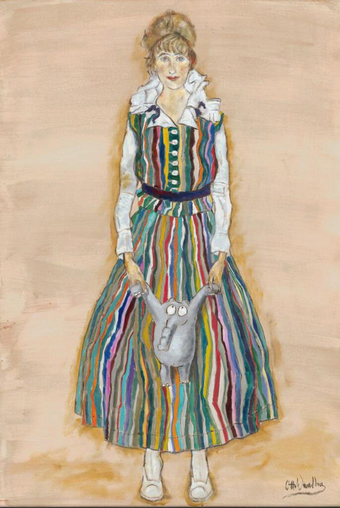 csm otto waalkes frau mit gestreiften kleid mit kuscheltier hommage an schiele unikat walentowski galerien 2c3a89e2e1